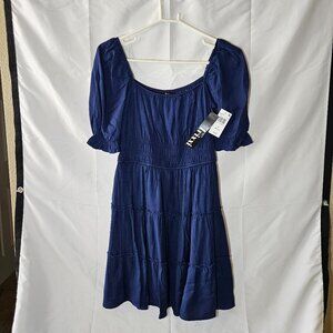 Trixxi Navy Blue Puff Sleeve Smocked Tiered Mini Dress – Size M – NWT